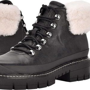 Marc Fisher Leather Cade Genuine Shearling Cuff Lace-Up Boot Black Women's 8